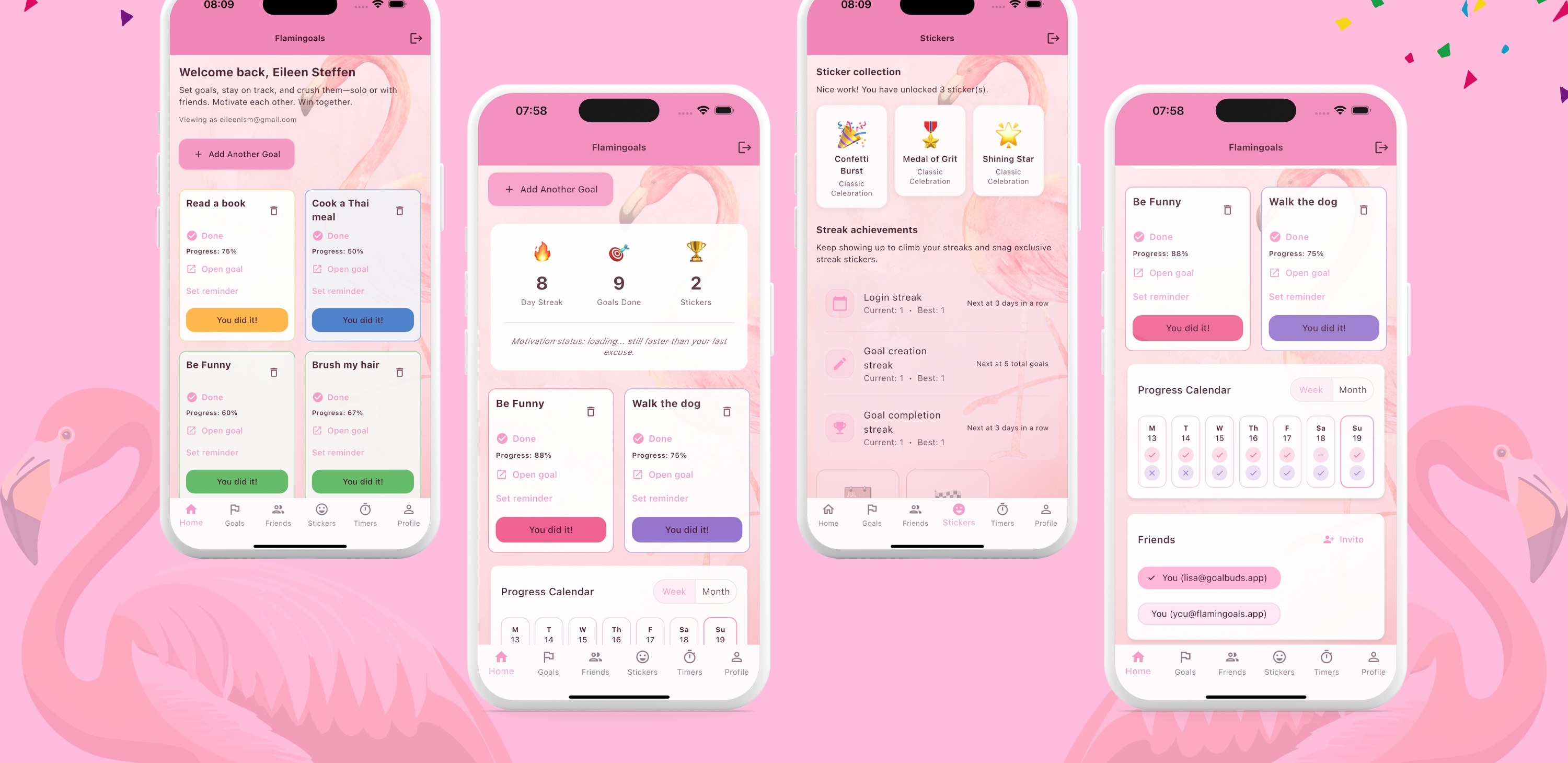 Flamingoals goal-tracking app screenshots